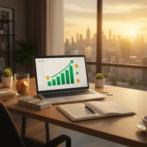 Jak założyć działalność gospodarczą w 2025 roku [4 kroki] – laptop z wykresem wzrostu, monety i notatnik na biurku.