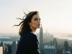 Kobieta stojąca na krawędzi wieżowca o zachodzie słońca, patrząca spokojnie przed siebie jako symbol finansowej lekkości i świadomego przywództwa.