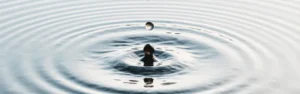 Mały kamień wpadający do wody i tworzący rozchodzące się kręgi.