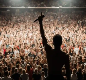 Artysta na scenie unosi rękę w górę przed ogromną publicznością reagującą na jego gest.